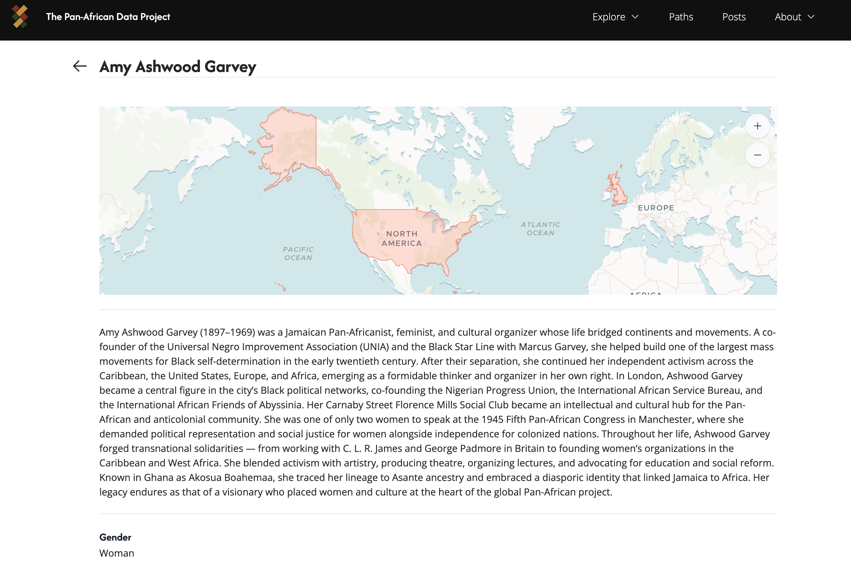 A map of locations associated with Amy Ashwood Garvey, followed by a bio, gender, notes, occupation, citations, web authorities, events, organizations, and places