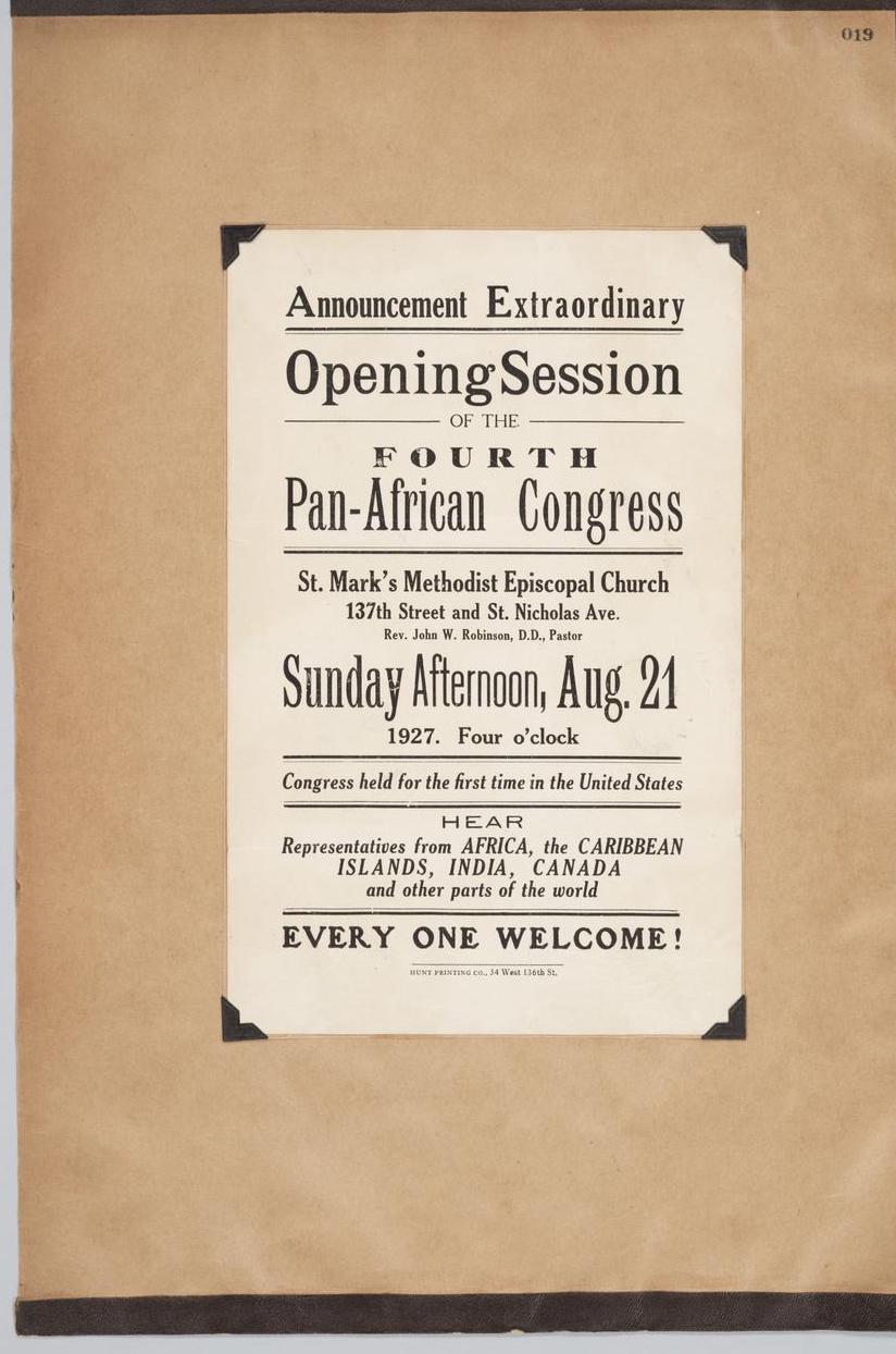 Framed announcement for the Fourth Pan-African Congress, on a brown paper mat
