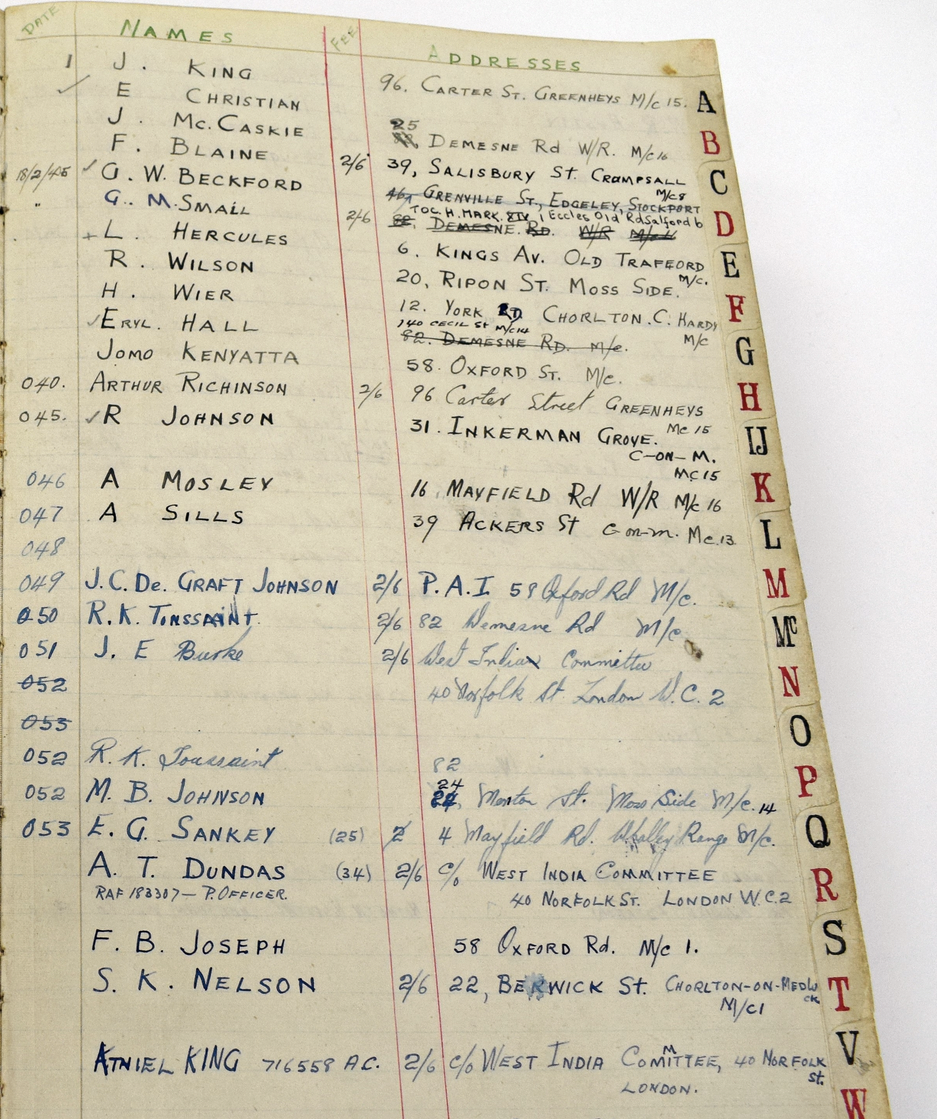 Page from handwritten subscription book of the Negro Association, Manchester