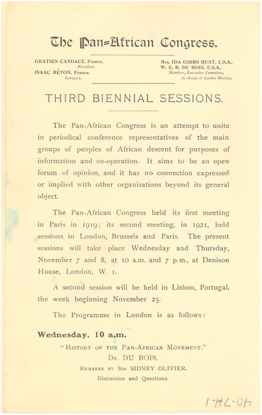 Document inviting participants to the London events for the 1923 Third Pan-African Congress