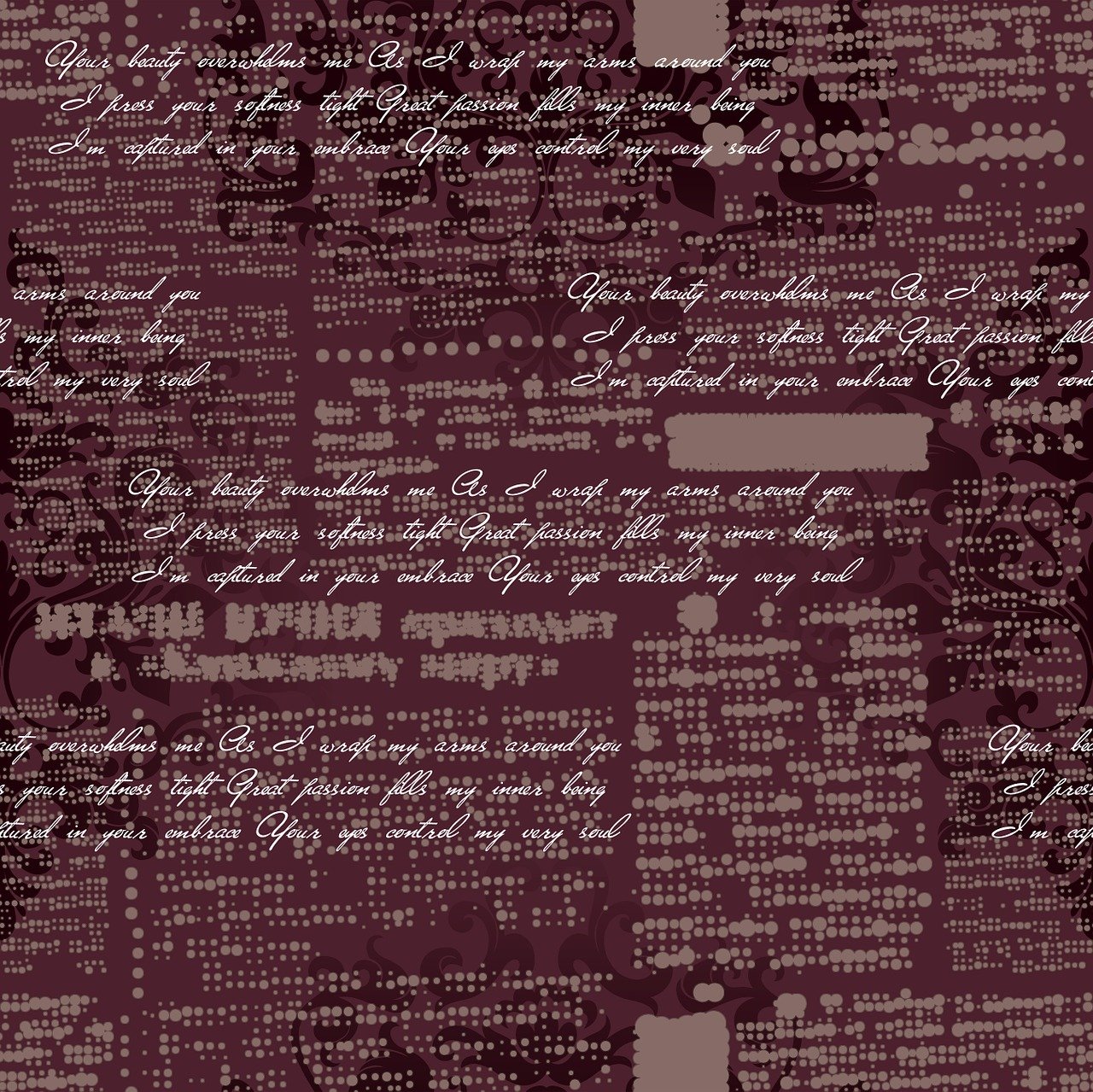 Words in cursive over a pattern on a maroon background